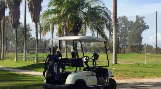 Golf cart at the tee box of a golf course.